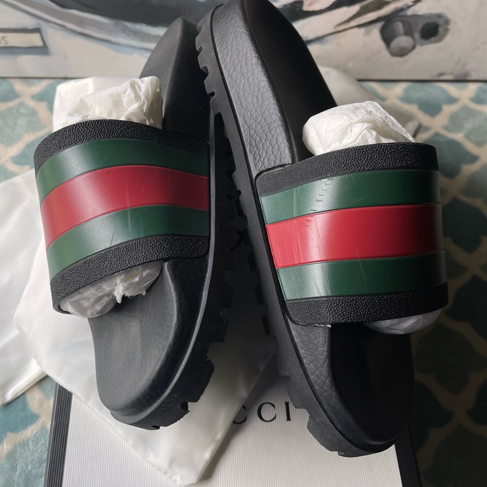 Gucci Striped Slides in Black with Red and Green - Picture 3 of 6